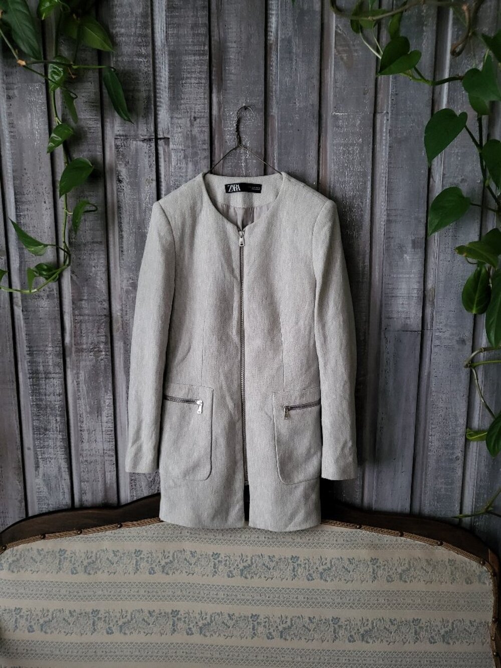Zara Women Grey Herringbone Zipper Front Blazer Coat Jacket Size Medium